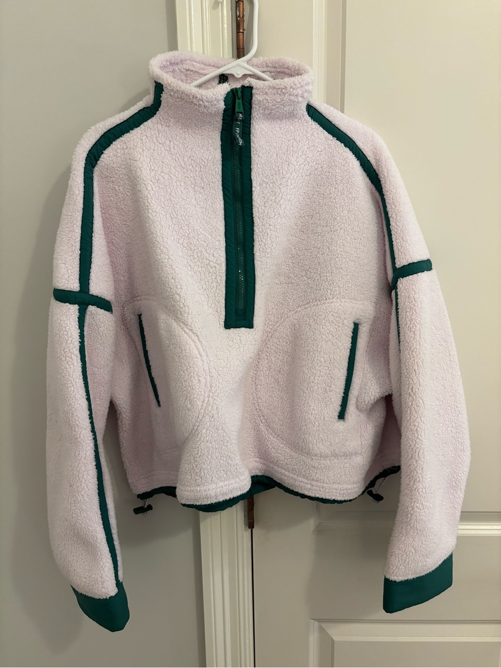 Free People Light Pink Teddy Pullover with Dark Green Trim